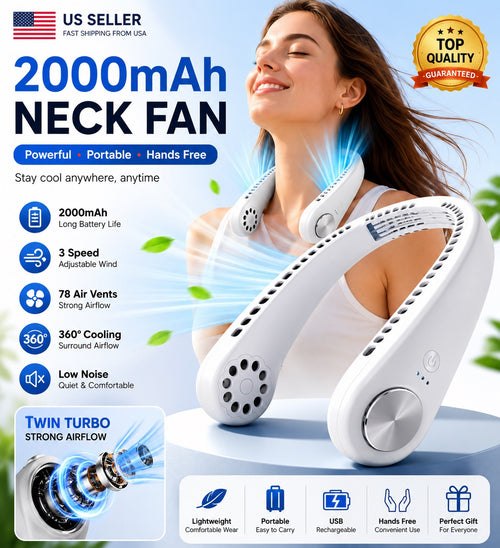 Hands-free bladeless neck fan personal air cooler white